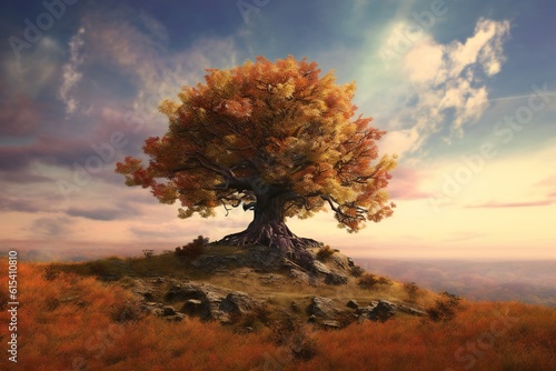 Hyperdetailed Surreal chestnut oak tree on top of a hill, majestic, detailed, vast landscape, autumn, colourful, hdr, photorealism, beautiful lighting, ethereal sky Generative AI