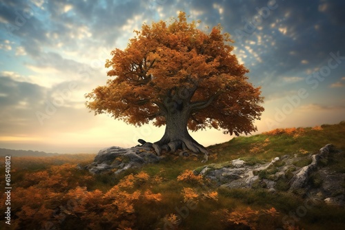 Hyperdetailed Surreal chestnut oak tree on top of a hill  majestic  detailed  vast landscape  autumn  colourful  hdr  photorealism  beautiful lighting  ethereal sky Generative AI