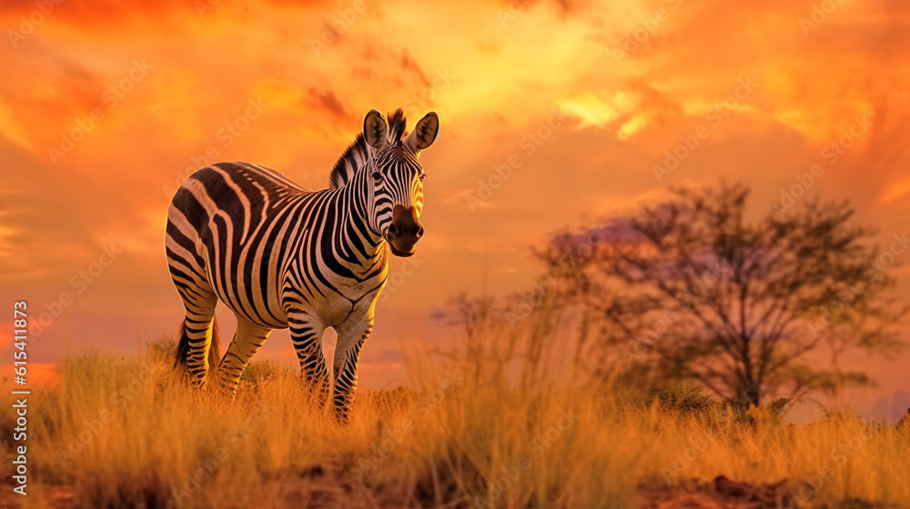 illustration of african landscape with zebra in the sunset light. Created with Generative AI - obrazy, fototapety, plakaty 