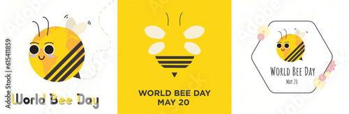 Cute World Bee Day Greeting Card Set. Cute bees. Flowers. Honeycomb background. Vector Illustration. Celebrated on May 20. 