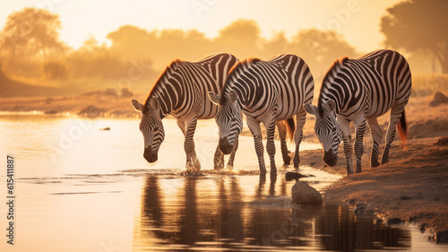 illustration of african landscape with zebra in the sunset light. Created with Generative AI photo