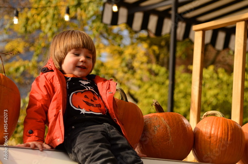 Preschooler at the autumn fair. A positive kid sits on hay among pumpkins. Decorations for Halloween. Child celebrating all saints night