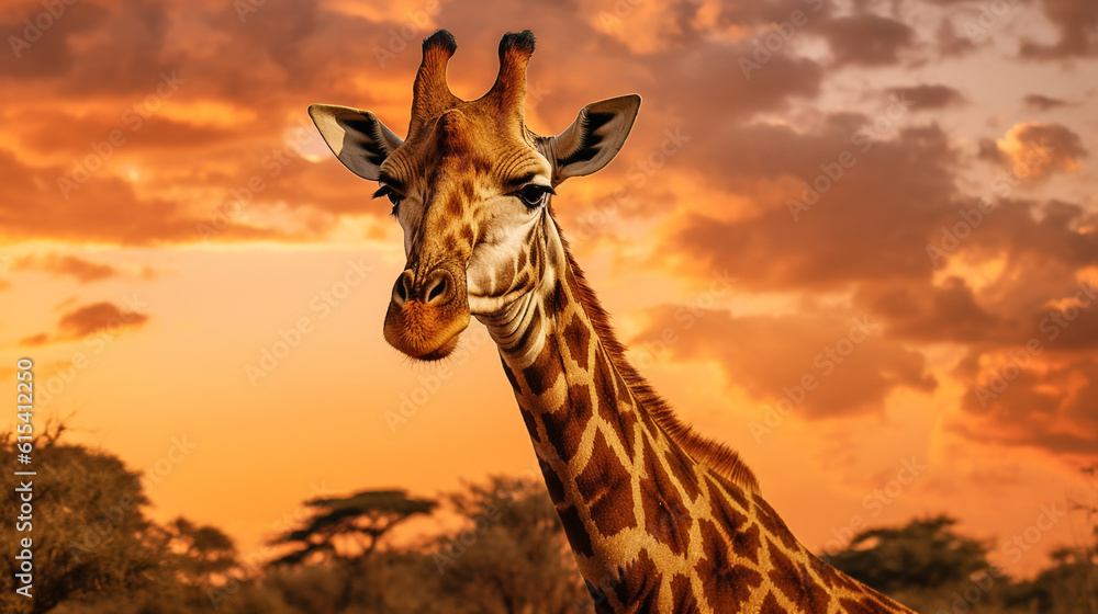 illustration of african landscape with giraffe in the sunset light. Created with Generative AI