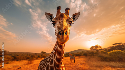 illustration of african landscape with giraffe in the sunset light. Created with Generative AI photo