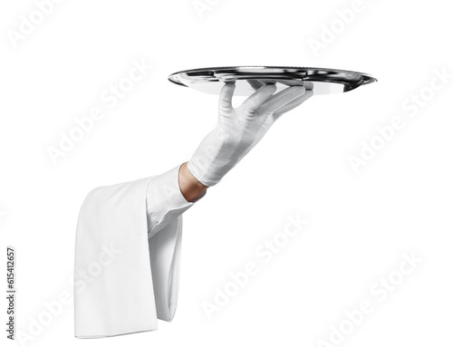 Fotografia Waiter hand in glove with towel holding big silver tray, cut out