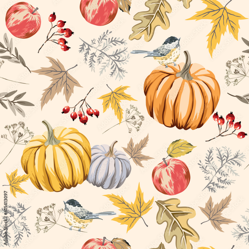 Autumn titmouse birds, pumpkins, apples, maple leaves, berries, fern, light background. Vector seamless pattern. Fall season illustration. Forest nature design