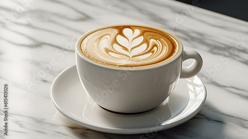 A Cup filled with Coffee Latte Art on a white marble Table 