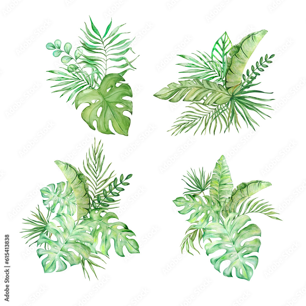 Watercolor bouquet of bright tropical leaves