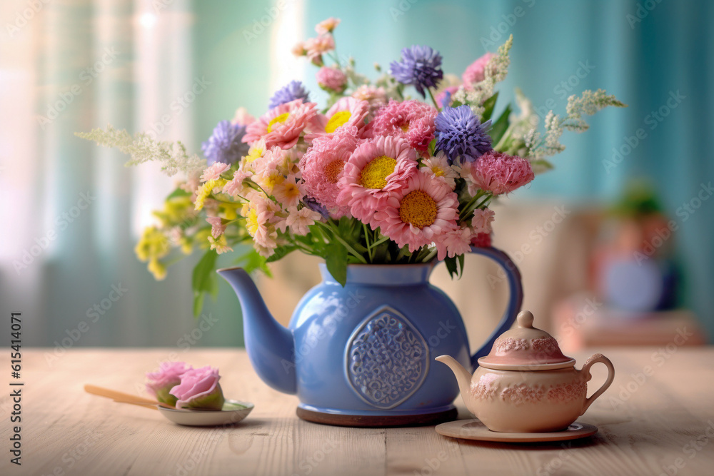Floral bouquet in the teapot. Super photo realistic background