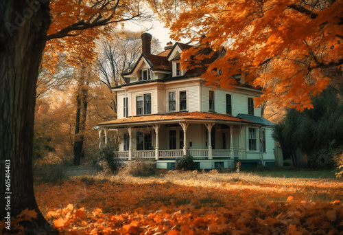 a white home surrounded by trees with orange leaves