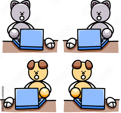 パソコンを操作するわんまるとにゃんまるのイラストセット　犬　猫