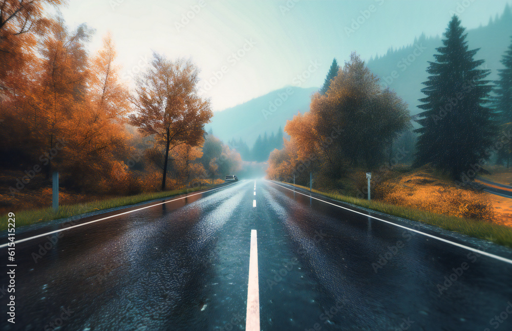 Fototapeta premium full view of an open road in the rain