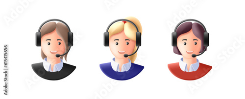 3d render style icons of call center support person with headset, isolated people faces, rounded soft shapes