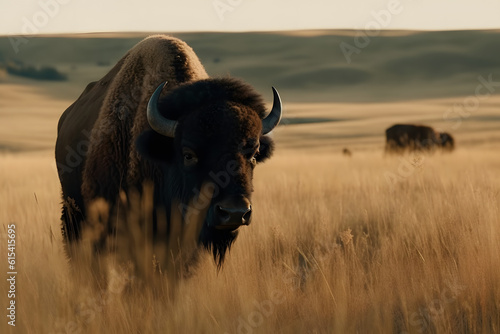 Plains bison in temperate grasslands. Generative AI