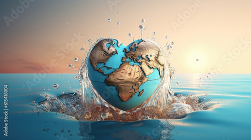 Planet Earth heart shape submerging in the water. Generative Ai