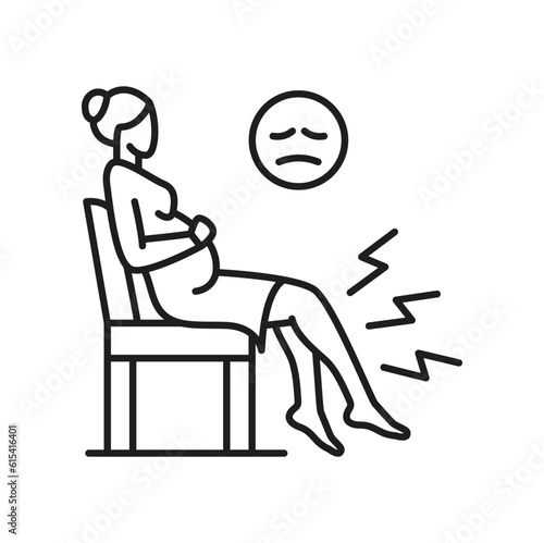 Woman sitting on chair with edema and swelling pain in legs, varicose veins outline icon. Vector abnormal blood pressure, weak valves, thunder as pains