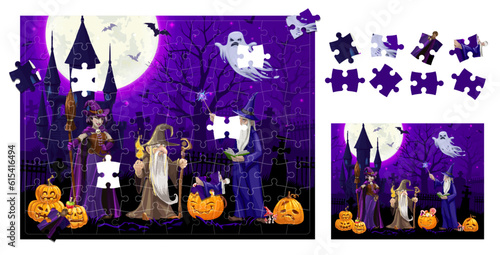 Halloween jigsaw puzzle game pieces. Cartoon sorcerer, witch and wizard on midnight cemetery. Shape match puzzle, block connect vector worksheet with spooky ghost, mage and witch Halloween personages