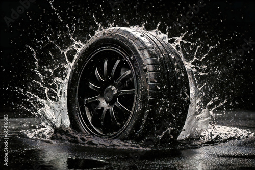 a water splash against the tire of a car