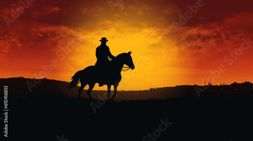silhouette of a horse with his rider in the sundown