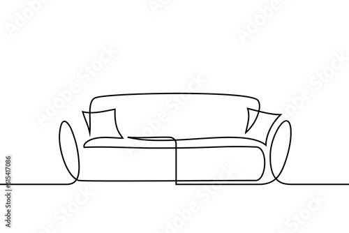 Sofa in continuous line art drawing style. Couch with two pillows. Home furniture black linear design isolated on white background. Vector illustration
