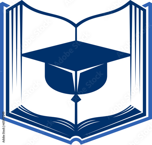 College education book icon. Student cap and library dictionary or textbook vector symbol. Knowledge and literature blue sign with isolated open book and graduation hat for college library emblem