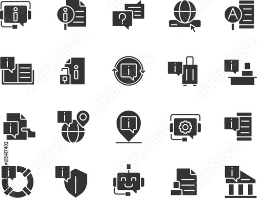 FAQ black glyph icons set on white space. Full list of answers and questions. Information base for website users. Silhouette symbols. Solid pictogram pack. Vector isolated illustration
