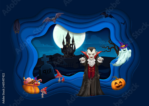 Halloween cartoon vampire paper cut poster. Vector 3d design with scary characters dracula, ghosts and creepy bats, holiday scary monsters. Pumpkin, sweets, amanita and old castle at night cemetery