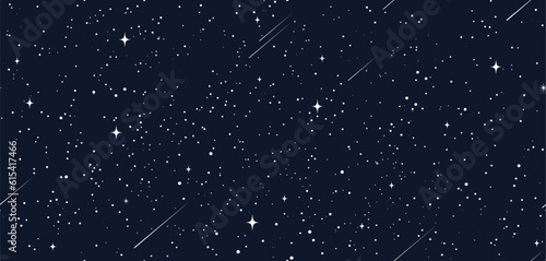 Starry space seamless pattern with sky stars in night galaxy, vector background. Space universe or dark black cosmos pattern with constellation, falling meteorites, comets and twinkling stars light