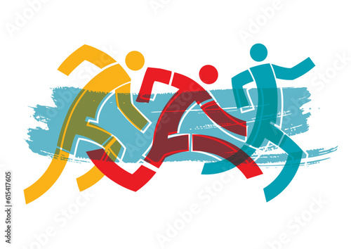 Running race, marathon, jogging, three runners. Abstract stylized colorful illustration of running race. Vector available.