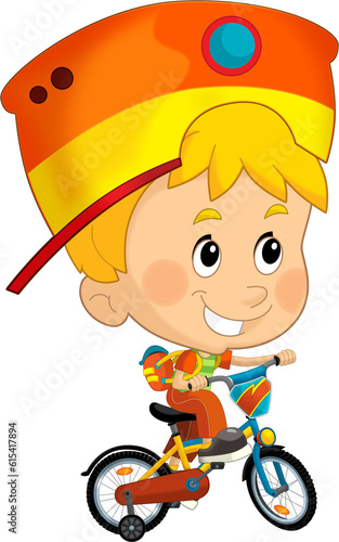 cartoon scene with little boy riding on a bicycle for fun isolated illustation for children