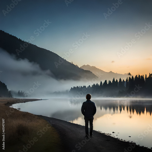 silhouette of a man on a lake