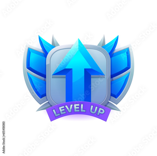 Game level up badge and win icon, UI badge with arrow and wings, vector award. Game UX icon or asset of medal prize for next level achievement, cartoon trophy badge of blue crystal for gamer ranking