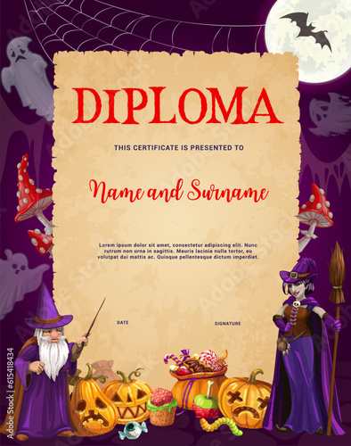 Kids halloween diploma with wizard and witch characters. Educational or appreciation school or kindergarten vector certificate with cartoon ghosts, sorcerer and jack lantern personages, award frame