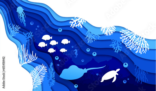 Underwater paper cut, sea landscape with stingray, seaweeds and fish shoal silhouettes in vector papercut. Undersea background in paper cutout layers of ocean or sea waves, turtle and stingray manta