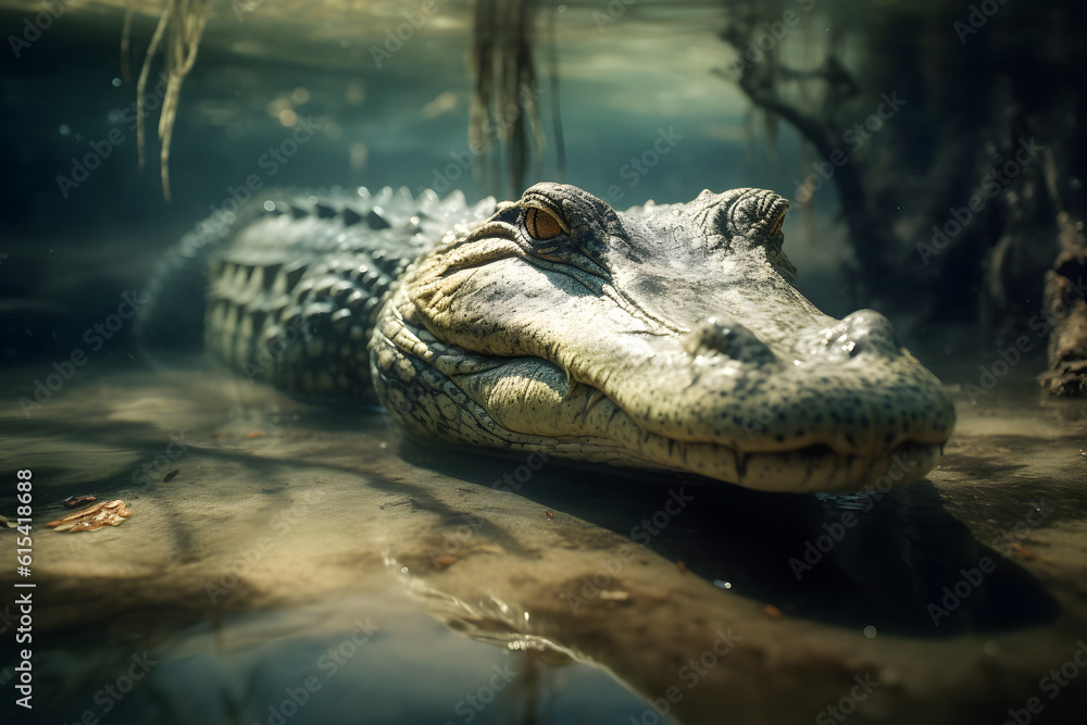 Obraz premium The Mighty Caiman in Freshwater Habitats. Generative AI