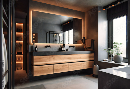 modern wooden vanity and in small bathroom