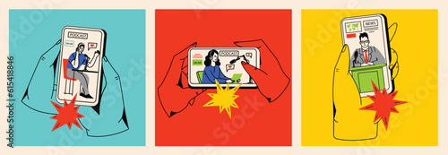Concept of watching podcast, video online, talk show, tv application, live streaming. Hand holding smartphone with man with microphone on screen. Vector illustration in flat style