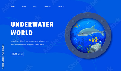 Landing page porthole with dolphin and underwater landscape invites the user to explore a marine adventure, showcasing the beauty of the ocean and the playfulness of the dolphins. Vector web banner photo