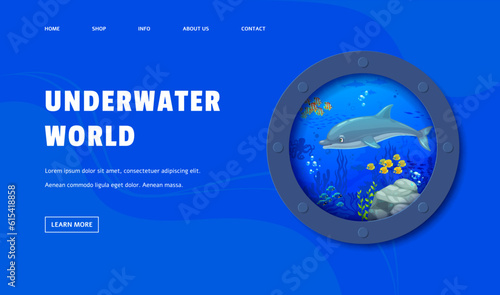 Landing page porthole with dolphin and underwater landscape invites the user to explore a marine adventure, showcasing the beauty of the ocean and the playfulness of the dolphins. Vector web banner