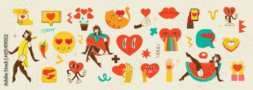 Fototapeta Naklejka Na Ścianę i Meble -  Groovy hippie love sticker set. Retro happy Valentines day. Comic happy heart character in trendy retro 60s 70s cartoon style. Retro characters and elements.