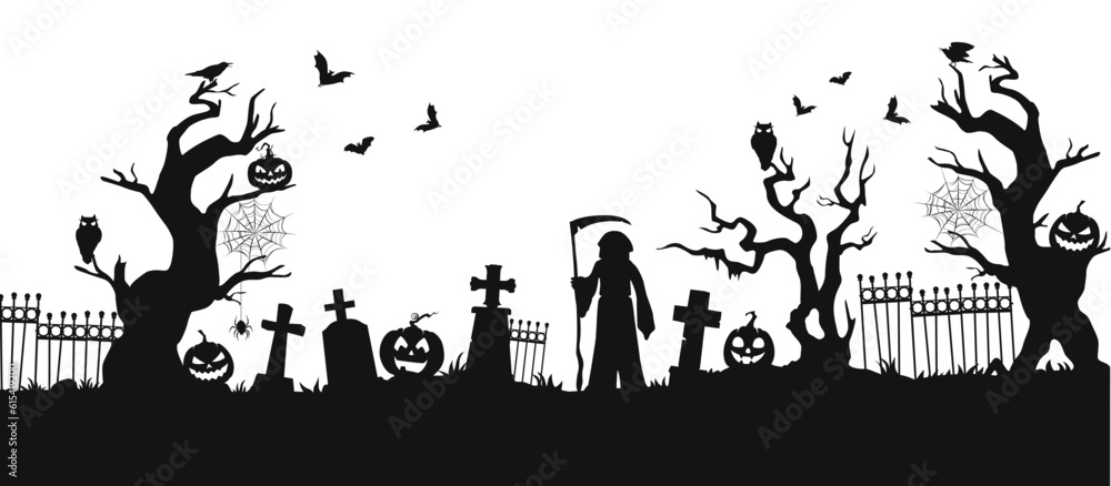 Halloween cemetery silhouettes. Vector creepy graveyard, horror night holiday necropolis design with Grim reaper, cobwebs on trees, bats, tombs, crows and owl, fence and pumpkins on white background