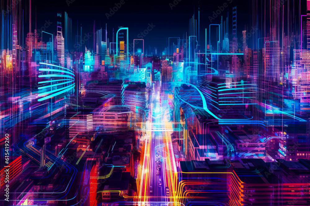 Captivating microprocessor cityscape with twilight hues and neon light trails, evoking curiosity and ideal for creative tech exploration. Generative AI