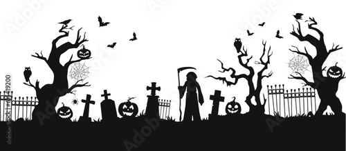 Halloween cemetery silhouettes. Vector creepy graveyard, horror night holiday necropolis design with Grim reaper, cobwebs on trees, bats, tombs, crows and owl, fence and pumpkins on white background