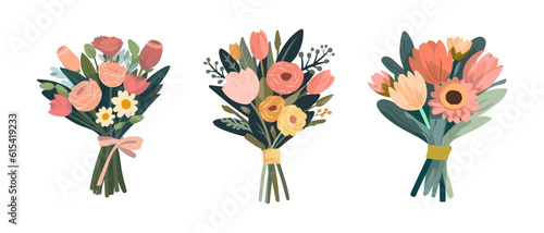 Vector set flowers bouquet. Summer spring bouquet sticker isolated, woman flowers gift, tulips and daisies, vector illustration trendy flat design	
