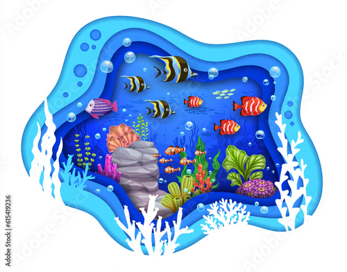 Cartoon tropical corals, fish shoal and seaweeds in sea paper cut, vector underwater landscape. Undersea exotic coral reef in paper cut or cutout with ocean water waves and fish silhouette background