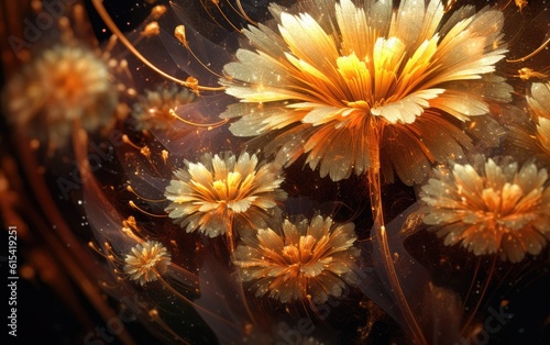 The golden shiny flowers at the black background.