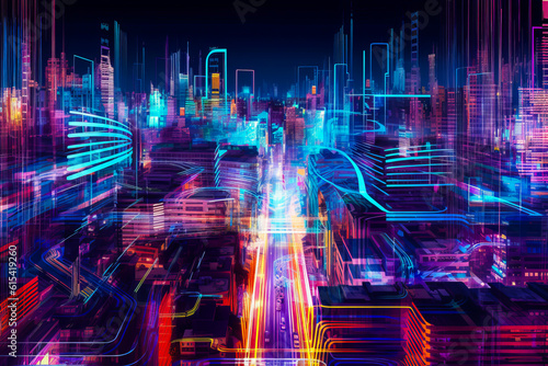 Captivating microprocessor cityscape with twilight hues and neon light trails  evoking curiosity and ideal for creative tech exploration. Generative AI