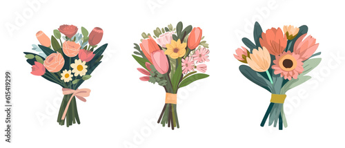 Vector set flowers bouquet. Summer spring bouquet sticker isolated, woman flowers gift, tulips and daisies, vector illustration trendy flat design 