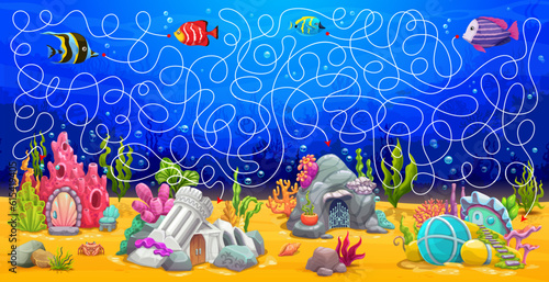 Labyrinth maze game, cartoon underwater house buildings in sea landscape, vector kids worksheet. Find path way for fishes to ocean or sea house shelters in corals or boat in labyrinth maze puzzle