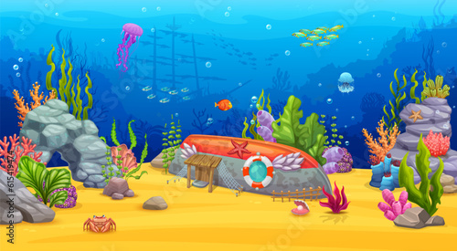 Cartoon underwater landscape, sea bottom with corals, reefs and jellyfish, vector background. Undersea fish shoal, sunken boat house dwelling of marine creature with seaweeds, underwater shelter